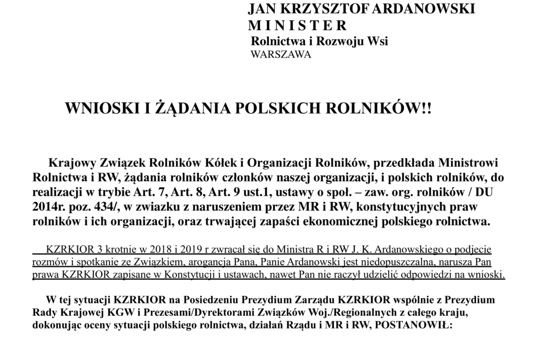 Wnioski i żądania polskich rolników!