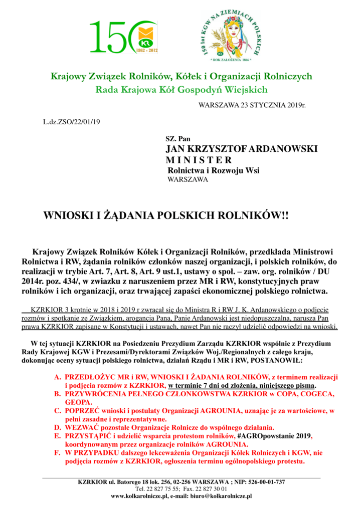 Archiwum KZRKiOR: Wnioski i żądania polskich rolników!