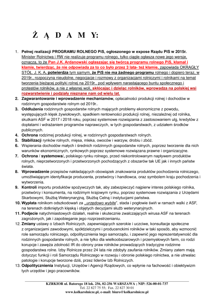 Archiwum KZRKiOR: Wnioski i żądania polskich rolników!