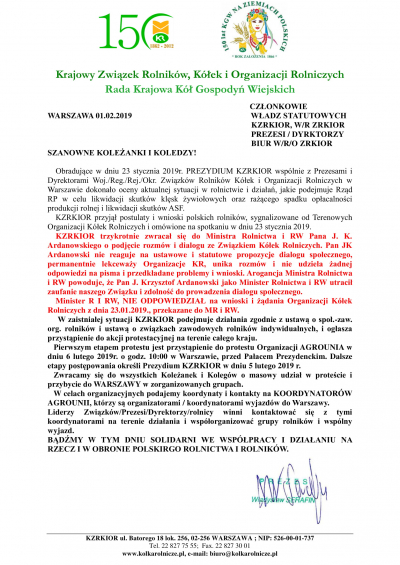 Archiwum KZRKiOR: 6.02.2019r. - Pałac Prezydencki! Wszyscy na Warszawę! #AGROpowstanie2019!